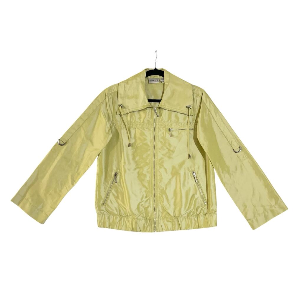 Chico's Lightweight Raincoat Small Lime Green Roll Tab Sleeve Jacket